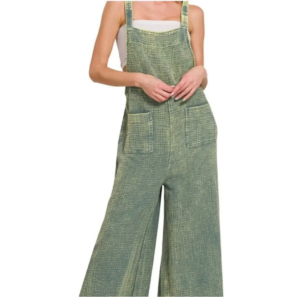 Zenana Green Double Gauze Cotton Wide Leg Overalls Jumpsuit Boho Medium NWT - Picture 4 of 9